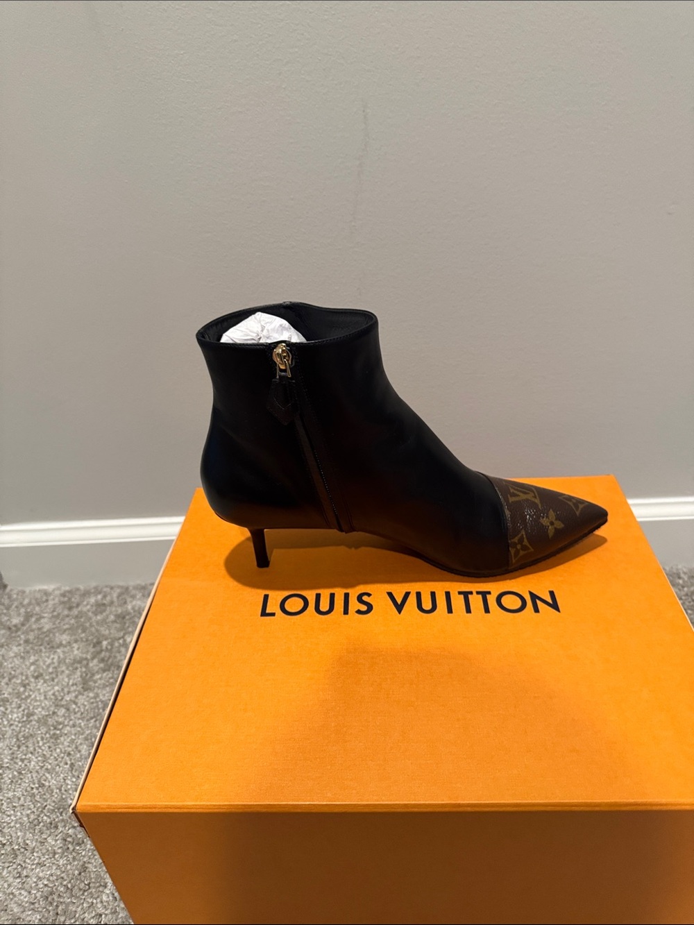 Louis Vuitton Black Leather & Monogram Pointed-Toe Ankle Boots - Picture 3 of 8